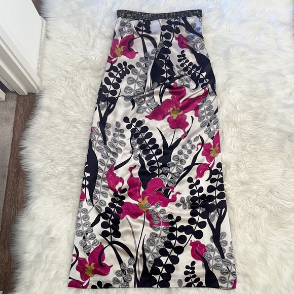Trina Turk Florals Print 100% Silk Strapless Maxi Dress